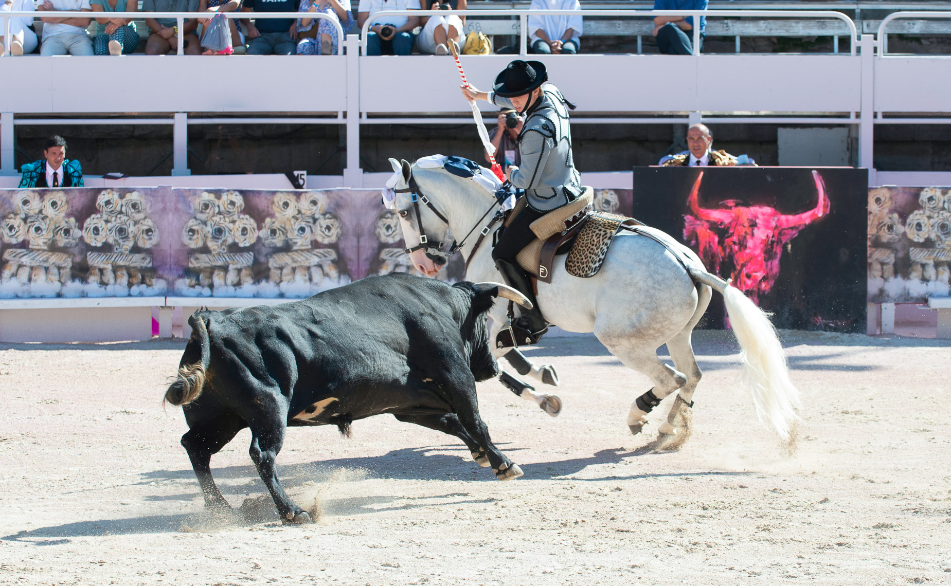 TP_1-153.  Rejoineadores fighting bulls from horseback in Arles, France. 